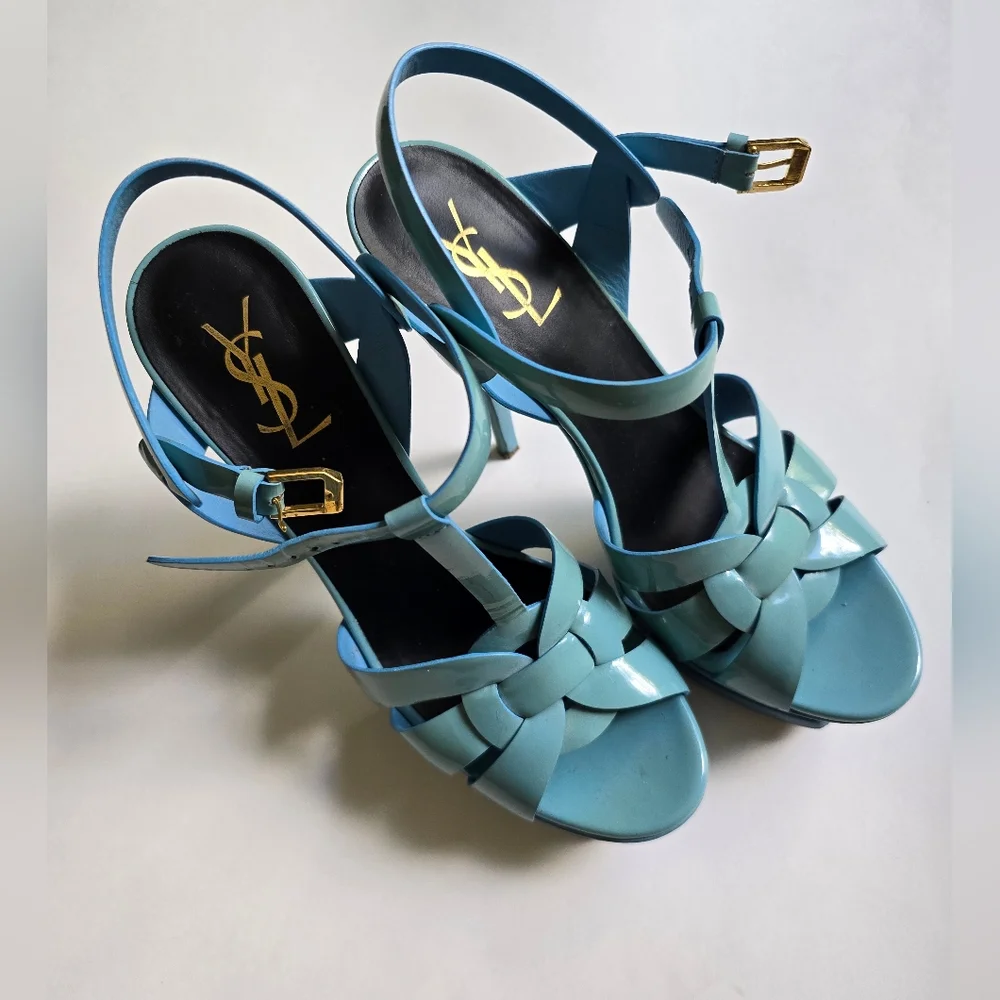 Saint Laurent Tribute 105 Platform Sandals in sky blue patent leather Size 9.5 - Picture 4 of 6